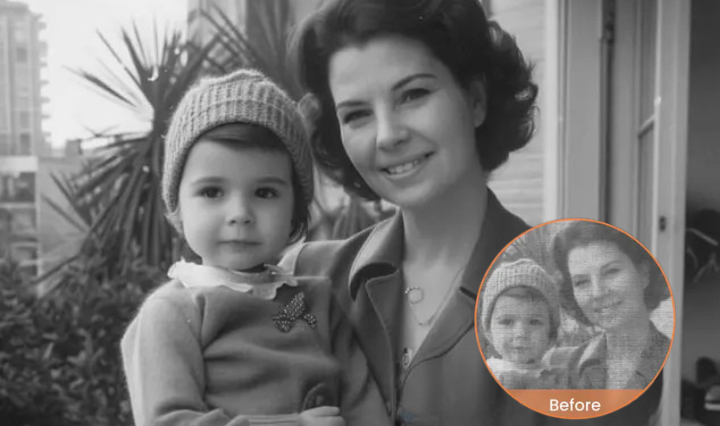 Before and after photo restoration showing elimination of blurriness